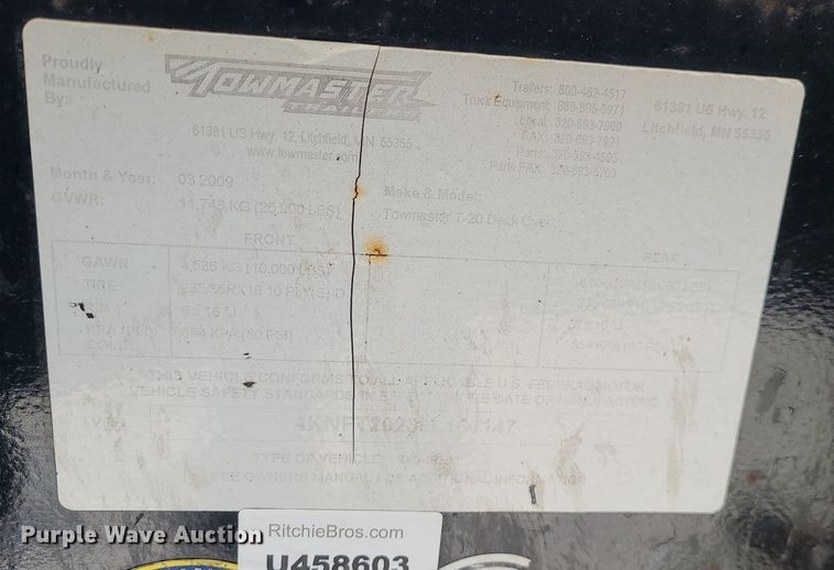 image for item MQ9571 2009 Towmaster T-20 equipment trailer