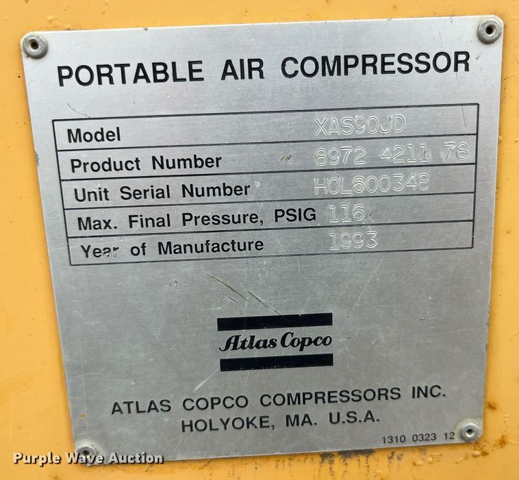 image for item LD9938 1993 Atlas Copco XAS90JD air compressor
