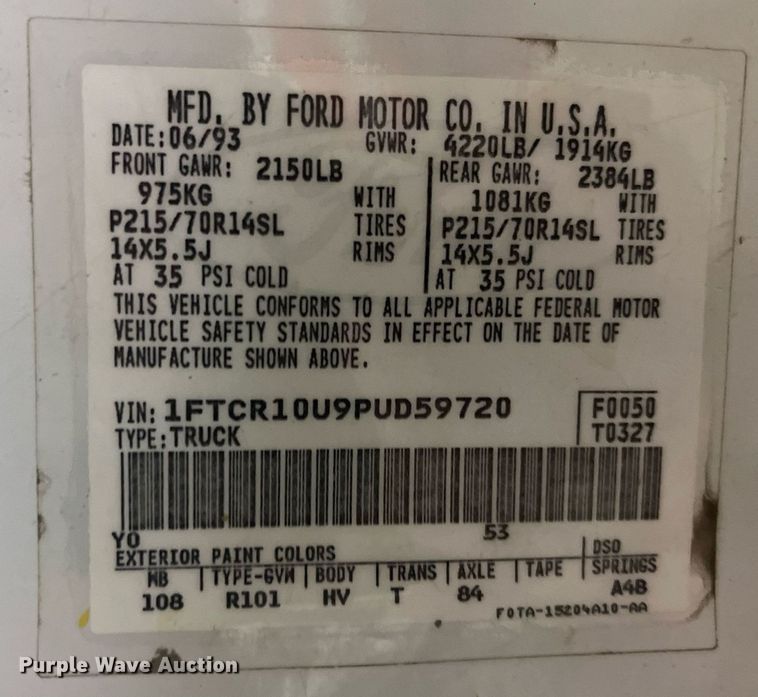 image for item LD9942 1993 Ford Ranger XL pickup truck