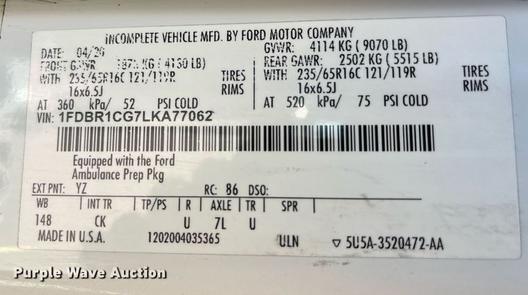 image for item LD9944 2020 Ford Transit 250 ambulance