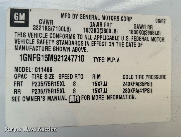 image for item NB9307 2002 Chevrolet Express 1500 van