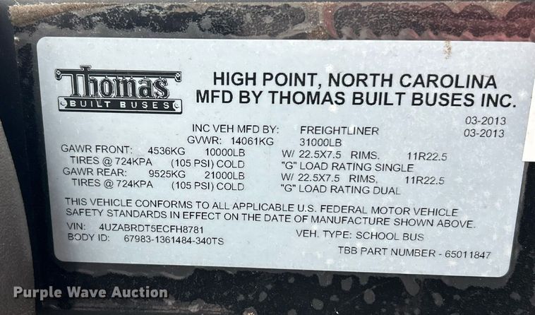 image for item NE9698 2014 Thomas Built school bus