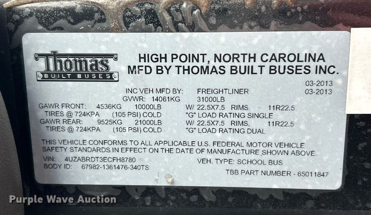 image for item NE9699 2014 Thomas Built school bus
