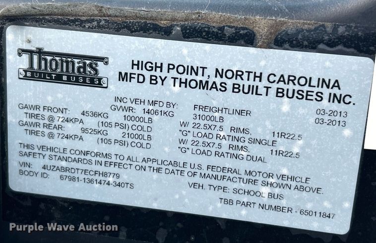 image for item NE9720 2014 Thomas Built school bus