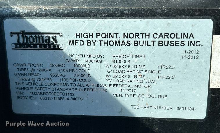 image for item NE9721 2014 Thomas Built school bus