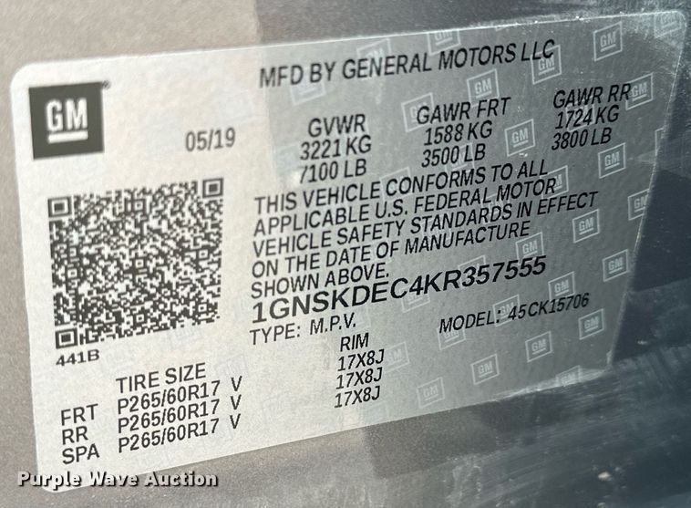 image for item NS9187 2019 Chevrolet Tahoe Police SUV