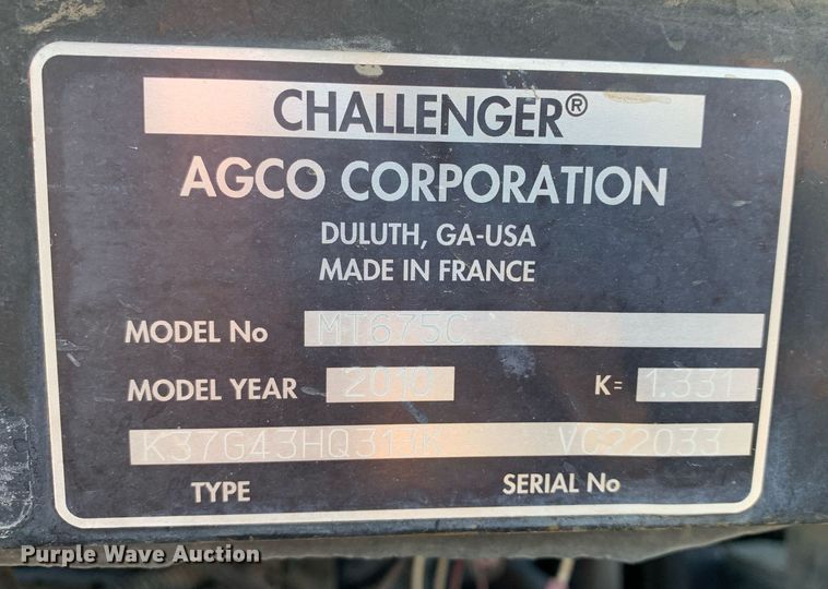 image for item DP8825 2010 Challenger MT675C MFWD tractor