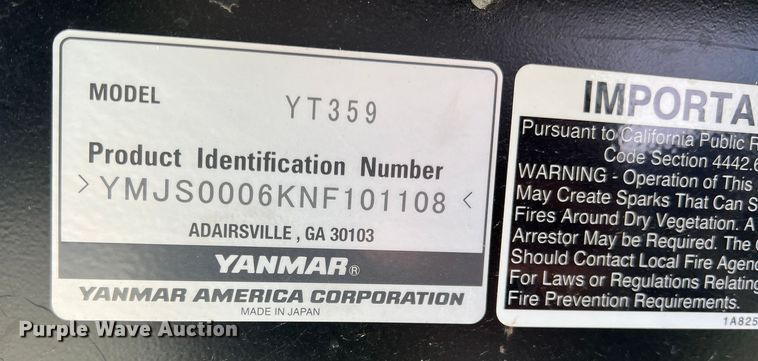 image for item JT9039 2022 Yanmar YT359 MFWD tractor