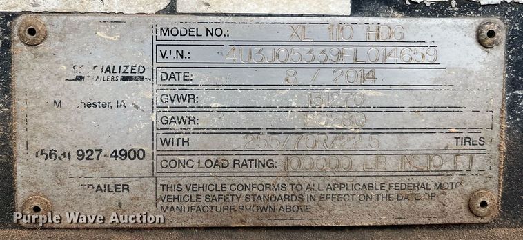 image for item EI0610 2015 XL Specialized XL 110 HDG lowboy equipment trailer