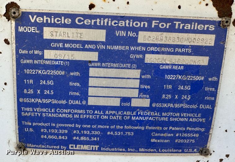 image for item GQ9226 2016 Clement Starlite end dump trailer