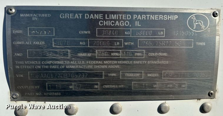 image for item OI9550 2013 Great Dane CSE-1214-20053 dry van trailer