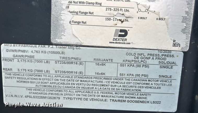 image for item DN0672 2021 PJ Trailers Gooseneck LS322 equipment trailer