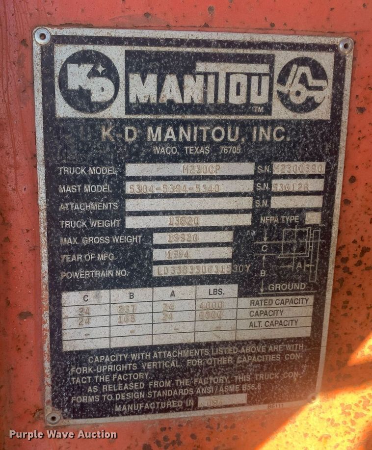 image for item DP8831 1994 Manitou M230CP forklift