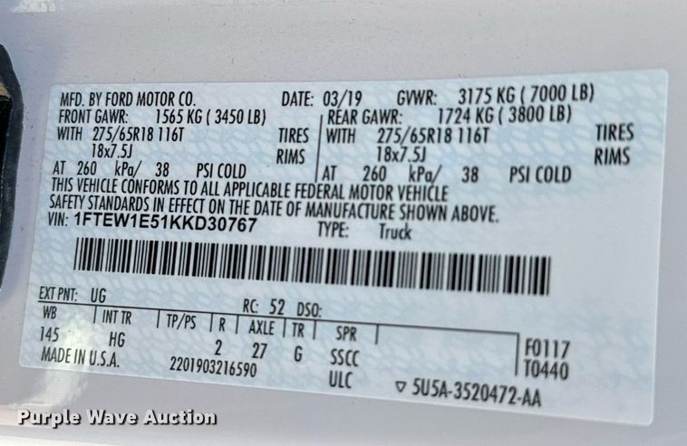 image for item EJ0180 2019 Ford F150  SuperCrew pickup truck