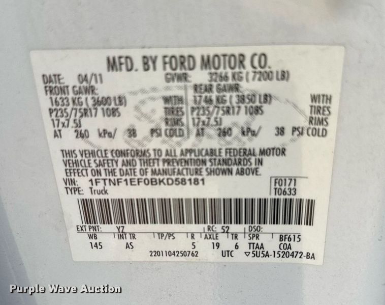 image for item EJ0195 2011 Ford F150  pickup truck