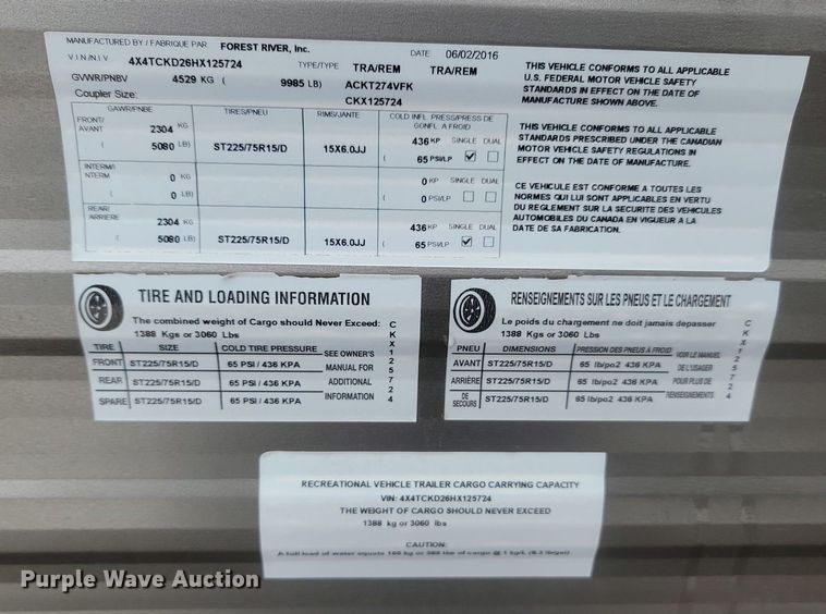 image for item LA9609 2017 Forest River Patriot camper