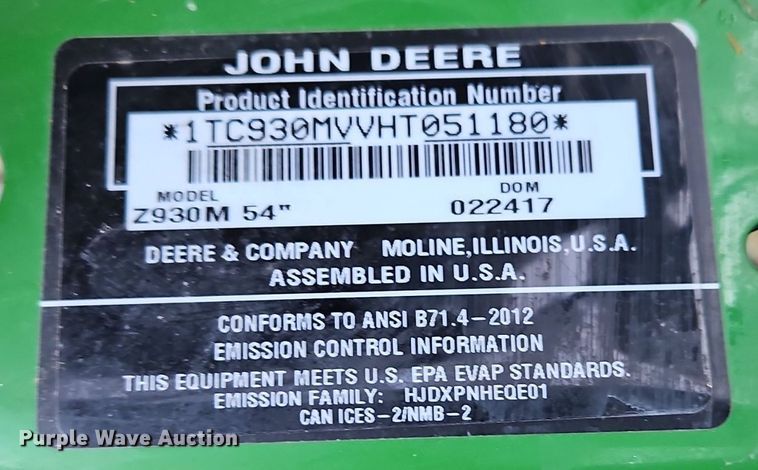 image for item LB9773 2017 John Deere Z930M ZTR lawn mower