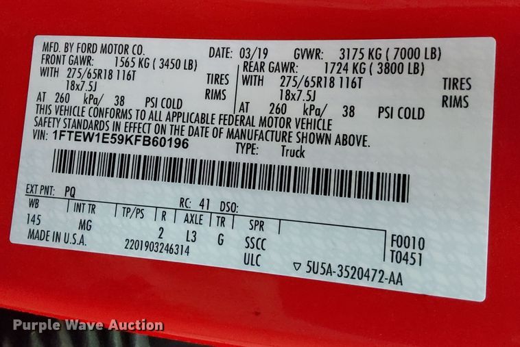 image for item LC9808 2019 Ford F150 SuperCrew pickup truck