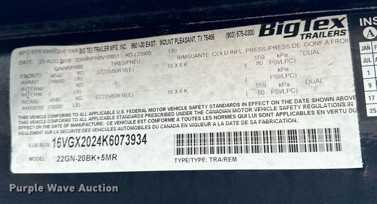 image for item NM9295 2019 Big Tex 22GN-20BK+5MR equipment trailer