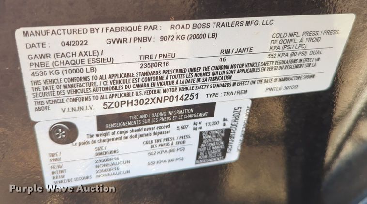 image for item OD9233 2022 Road Boss equipment trailer