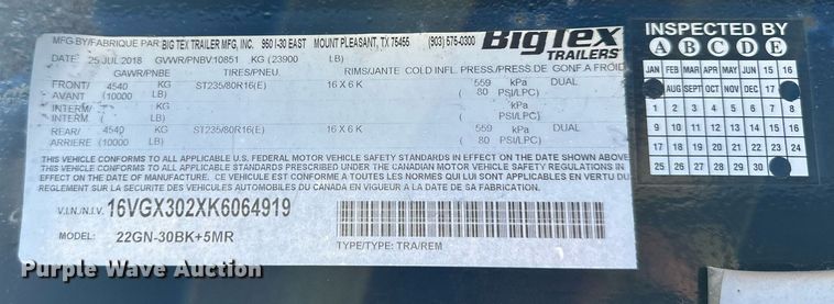 image for item OF9233 2019 BigTex 22GNHD equipment trailer