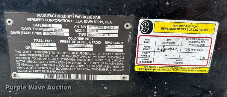 image for item OF9240 2016 Vermeer BC900XL wood chipper