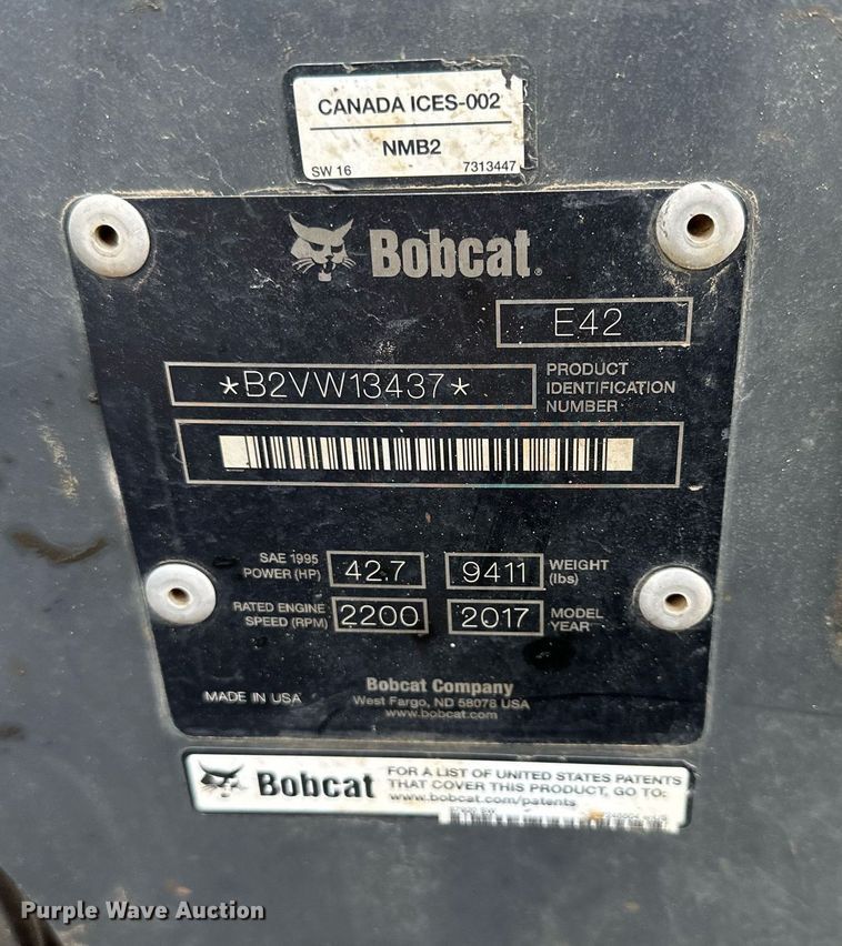 image for item OF9252 2017 Bobcat E42 mini excavator
