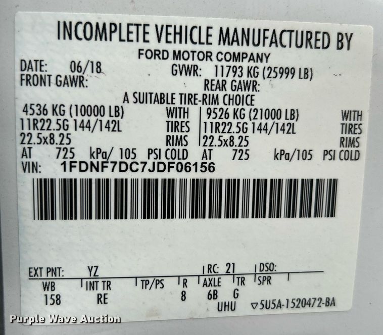 image for item OI9575 2018 Ford  F750 Super Duty truck cab and chassis