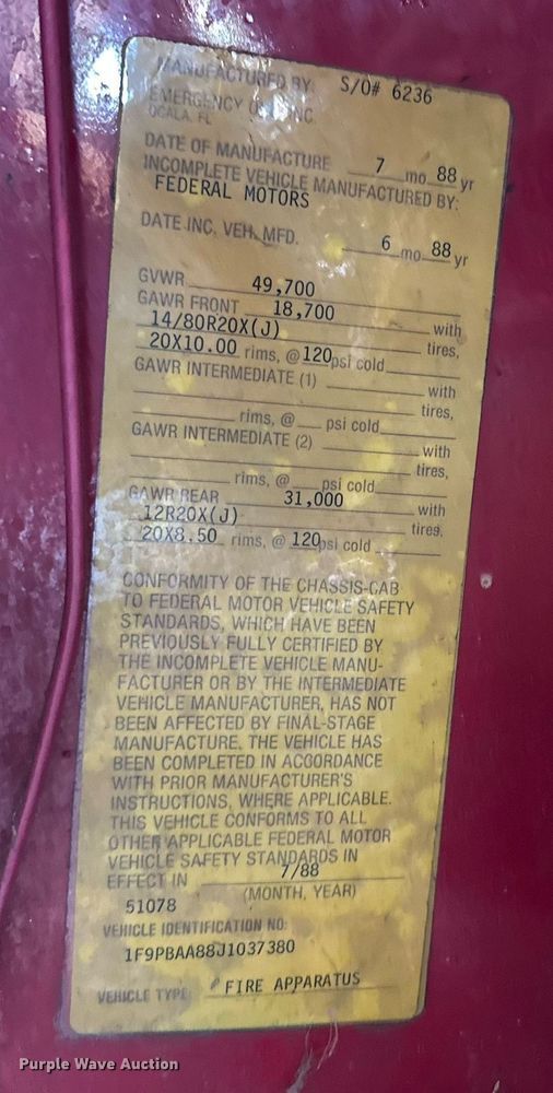 image for item OM9765 1988 Emergency One Hurricane  Ladder truck