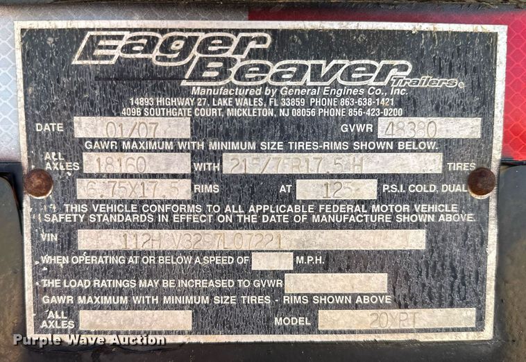 image for item OM9805 2007 Eager Beaver 20XPT equipment trailer