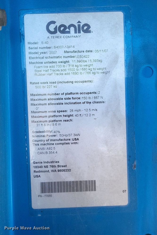 image for item DO4792 2007 Genie S-40 boom lift