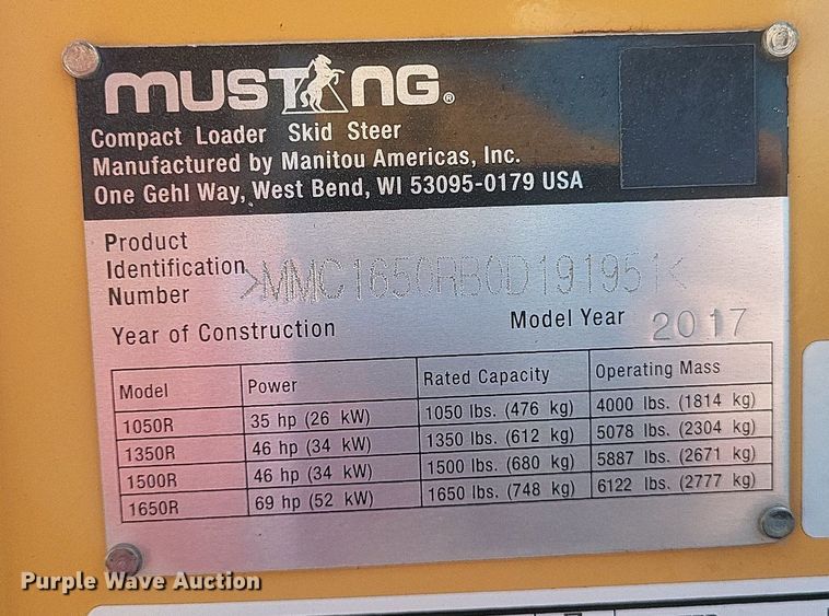image for item DO4794 2017 Mustang  1650R skid steer loader