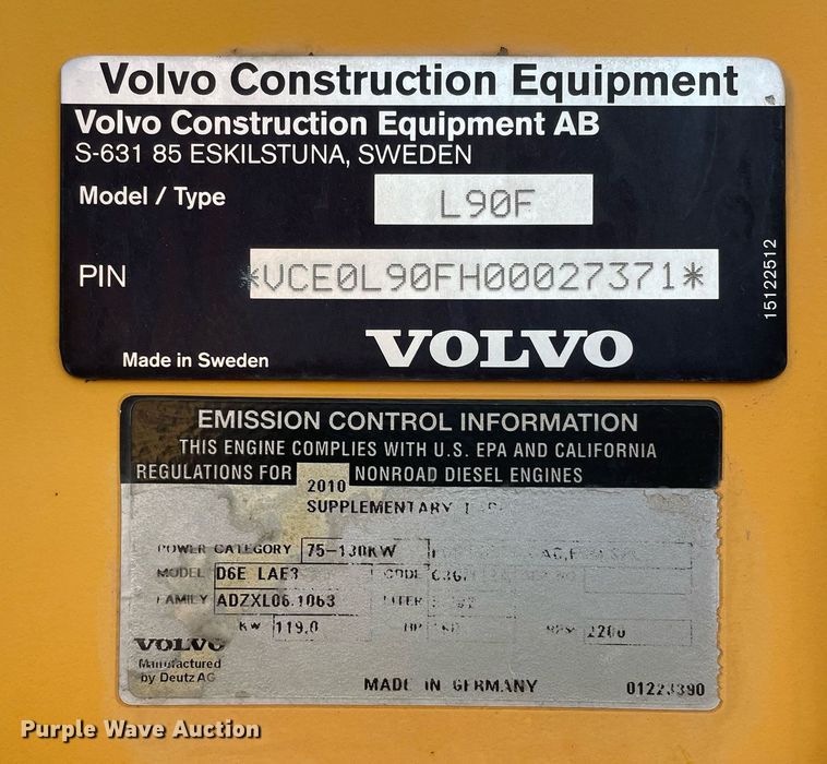 image for item DP0277 2010 Volvo  L90F  wheel loader