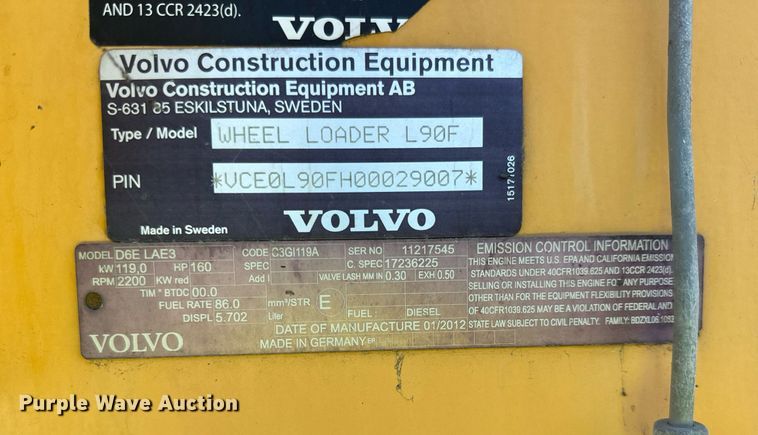 image for item DQ6711 2012 Volvo L90F wheel loader