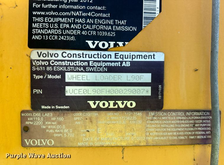 image for item DQ6711 2012 Volvo L90F wheel loader