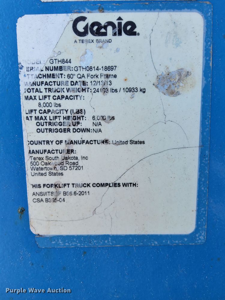 image for item DS2876 2014 Genie GTH-844 telehandler