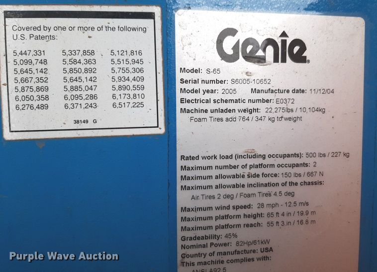 image for item DV9761 2005 Genie S-65 boom lift