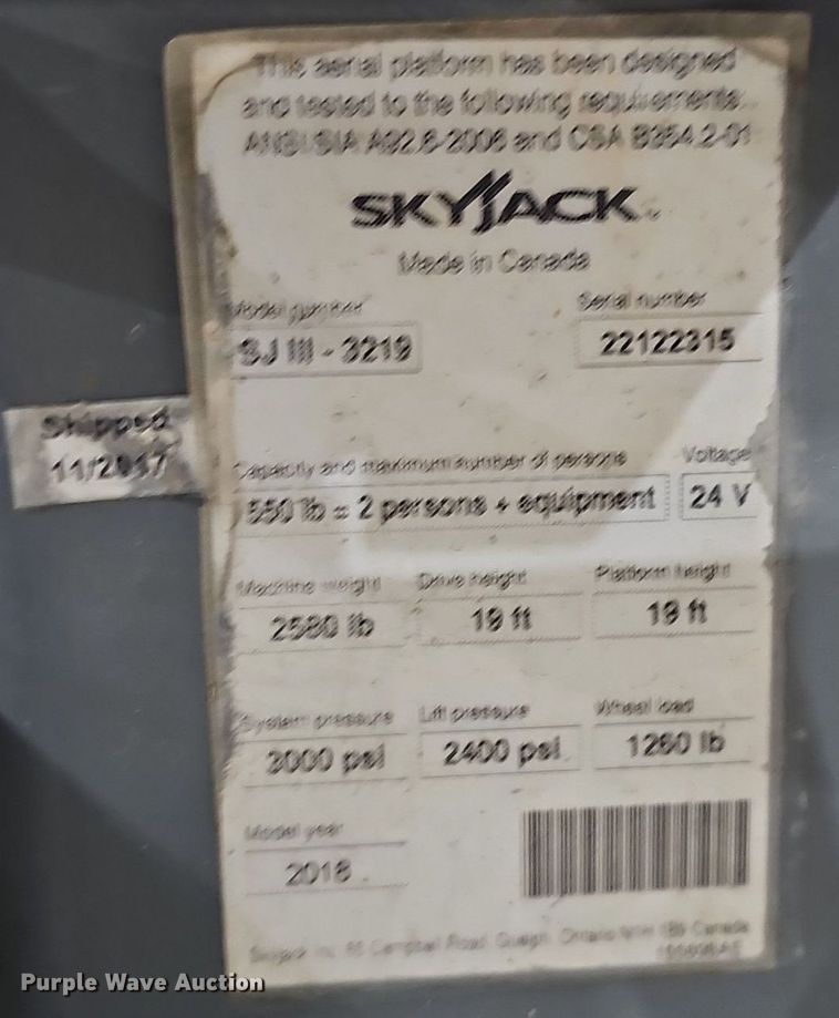 image for item IO9853 2018 SkyJack SJIII 3219 scissor lift