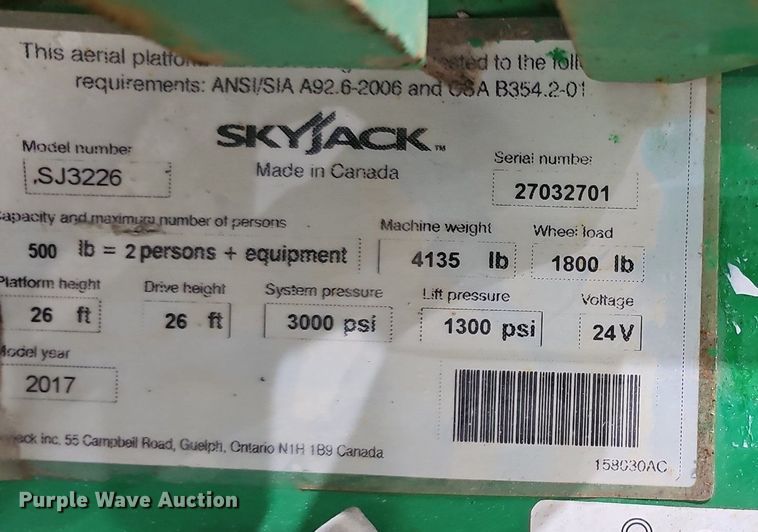 image for item IO9855 2017 SkyJack SJIII 3226 scissor lift