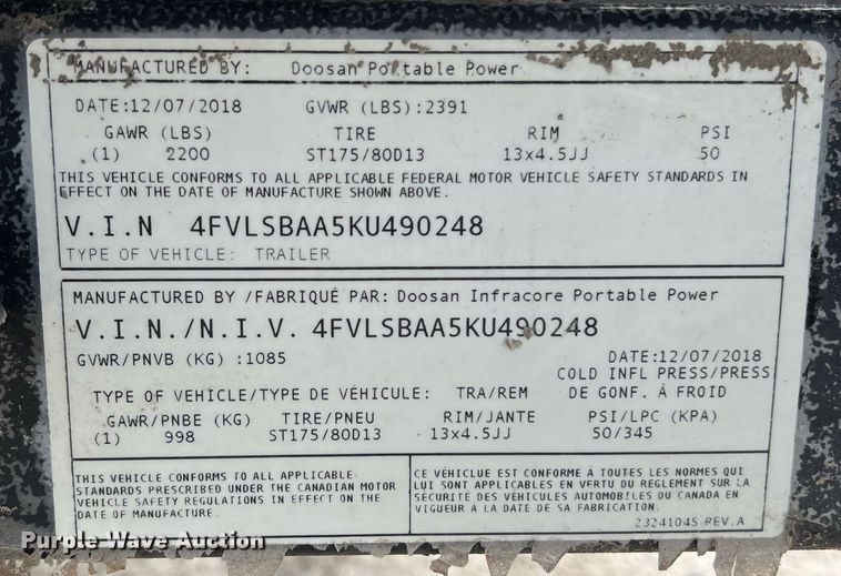 image for item KV9899 2018 Doosan light plant