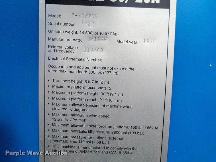 image for item LC9812 1999 Genie Z-30/20 boom lift