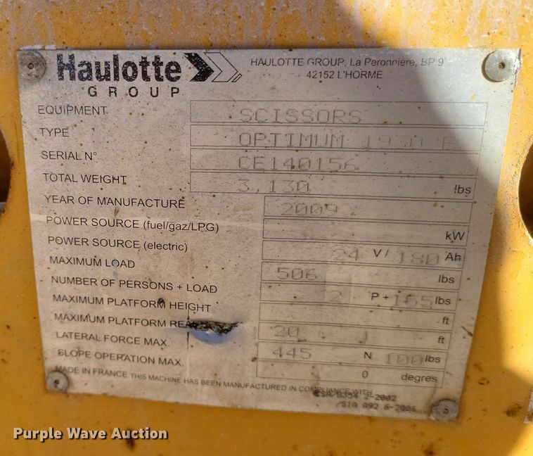 image for item MI9928 2009 Haulotte Optimum 1930E scissor lift