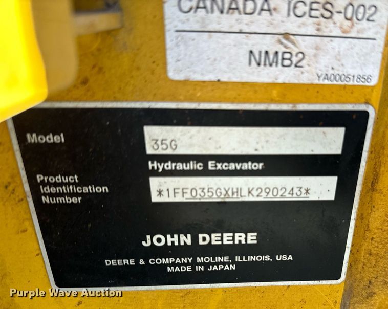 image for item NA9786 2020 John Deere 35G mini excavator