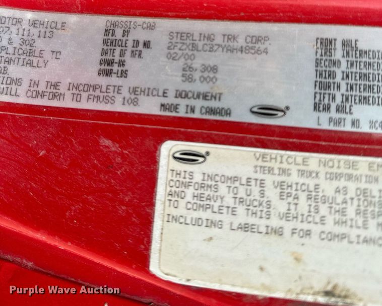 image for item NN9365 2000 Sterling LT8500 drilling rig truck