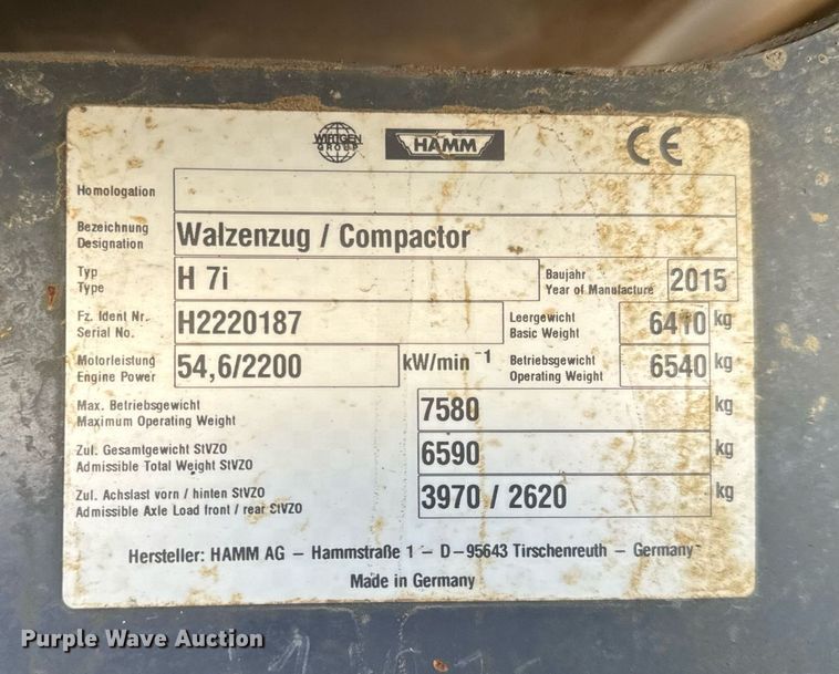 image for item NN9471 2015 Hamm H 7i single drum vibratory roller