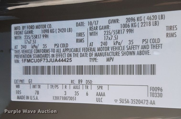 image for item DV9764 2018 Ford Escape SUV