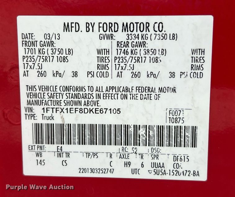 image for item KV9878 2013 Ford F150 SuperCab pickup truck