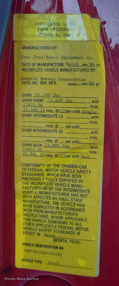 image for item MI9935 1999 Chevrolet C8500 tanker fire truck