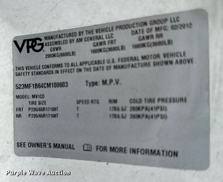 image for item NA9779 2012 VPG MV1CD handicap accessible SUV