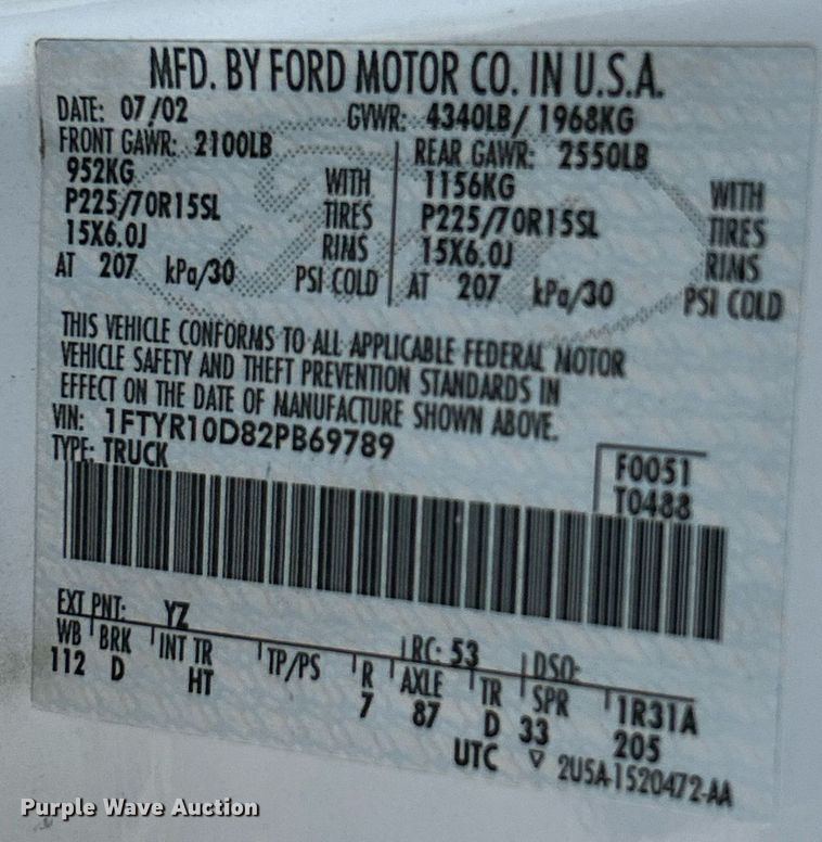 image for item NJ9531 2002 Ford Ranger  pickup truck